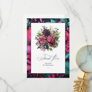 Tarjeta De Agradecimiento Elegante Fuchsia y Verde Esmeralda Floral Bliss