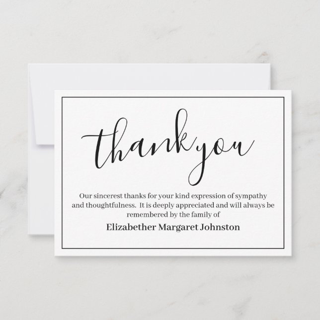 Tarjeta De Agradecimiento Elegante Funeral Blac Script Gracias A Bereavement (Anverso)