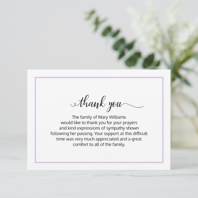 Tarjeta De Agradecimiento Elegante funeral de caligrafía de lavanda Gracias (Anverso de pie)