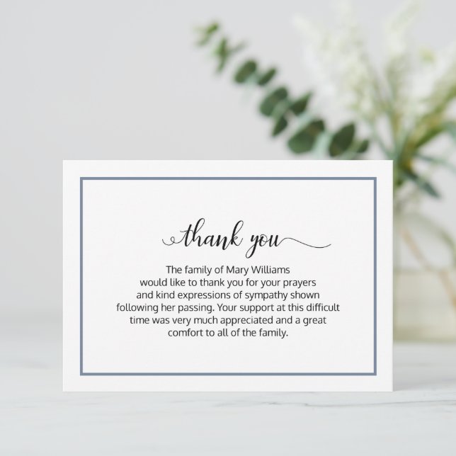 Tarjeta De Agradecimiento Elegante Funeral Dusty Blue Calligraphy Gracias (Anverso de pie)