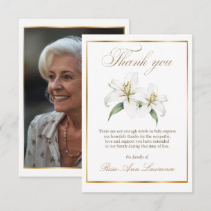 Tarjeta De Agradecimiento Elegante Funeral Flor de Lis Oro Blanco Foto
