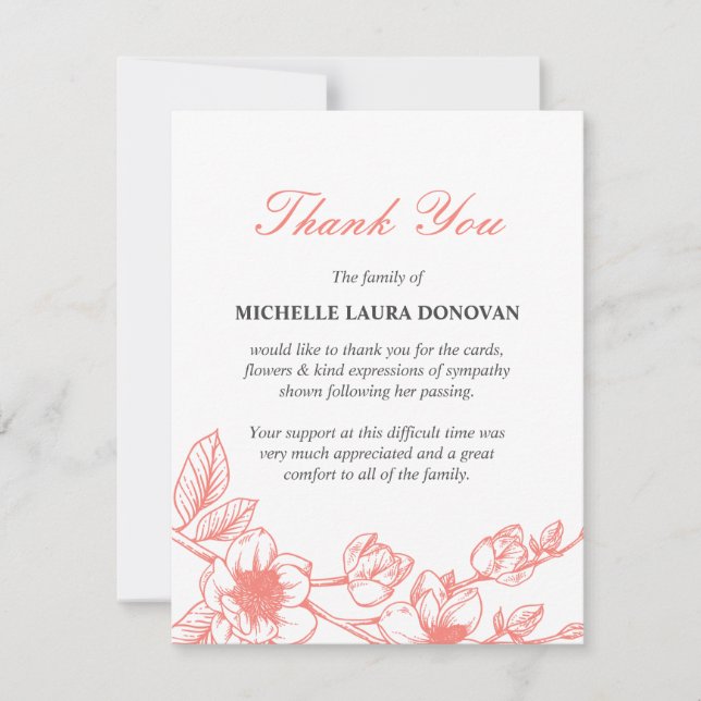 Tarjeta De Agradecimiento Elegante Funeral Gracias Nota| Coral Magnolia (Anverso)