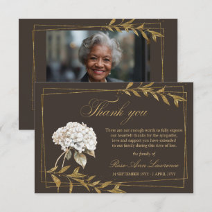 Tarjeta De Agradecimiento Elegante Funeral Hortensia Blanca Hojas Doradas