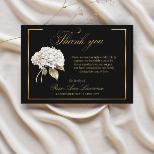 Tarjeta De Agradecimiento Elegante Funeral Hortensia Blanca Marco Dorado