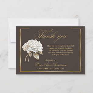 Tarjeta De Agradecimiento Elegante Funeral Hortensia Blanca Marco Dorado