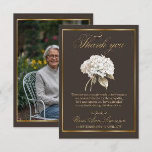 Tarjeta De Agradecimiento Elegante Funeral Hydrangea Blanca Dorada Foto