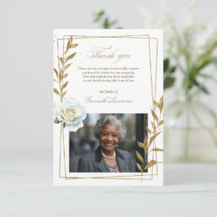 Tarjeta De Agradecimiento Elegante Funeral Rosa Blanca Hojas de Oro