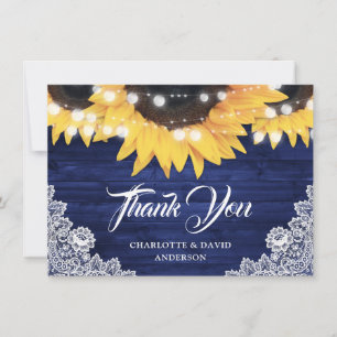 Tarjeta De Agradecimiento Elegante Girasol Azul Marino Madera Encaje Boda