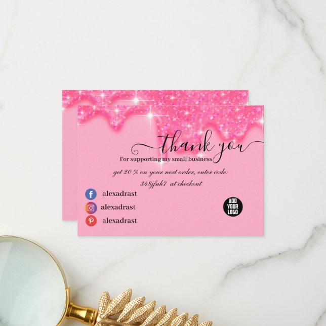 Tarjeta De Agradecimiento Elegante Girly Drily Purpurina rosa Gracias Tarjet (Anverso/Reverso In Situ)