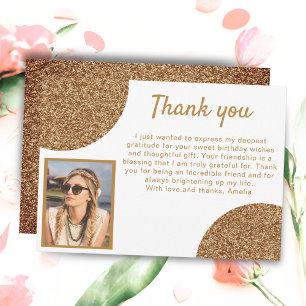 Tarjeta De Agradecimiento Elegante Glitter Dorado Foto Cumpleaños Gracias