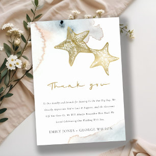 TARJETA DE AGRADECIMIENTO ELEGANTE GOLD DUSKY AZUL BEACHY STARFISH BODA