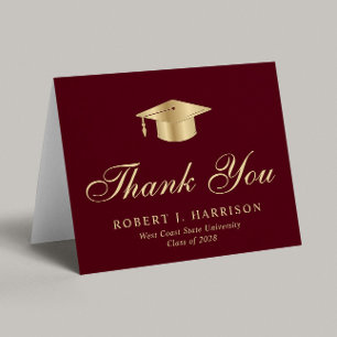 Tarjeta De Agradecimiento Elegante Gorra de Graduación Dorada Rojo Burdeos G