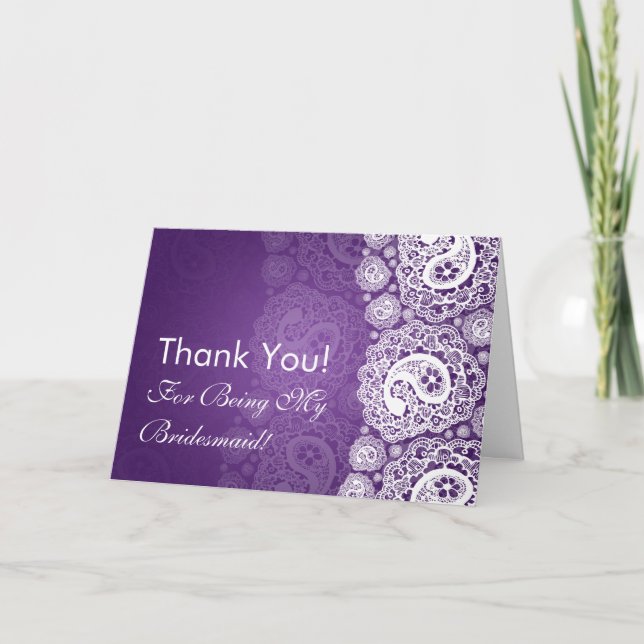 Tarjeta De Agradecimiento Elegante Gracias Bridesmaid Paisley Lace Purple (Anverso)