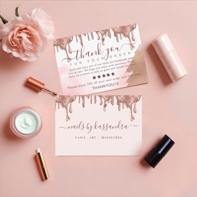 Tarjeta De Agradecimiento Elegante Gracias por su pedido de purpurina dorada (Elegant Thank you for your Order Gold Glitter Drip)