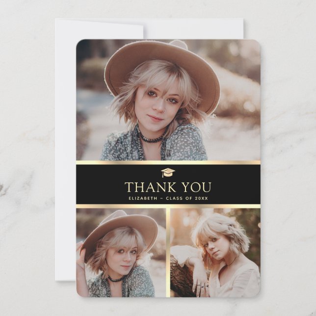 Tarjeta De Agradecimiento Elegante Graduación de fotografías en negro y oro  (Anverso)
