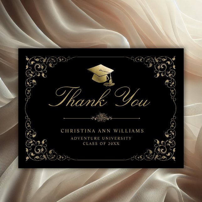 Tarjeta De Agradecimiento Elegante Graduación en Negro con guión de marfil d (Elegant Ivy Gold Leaf Graduation Thank You Card)