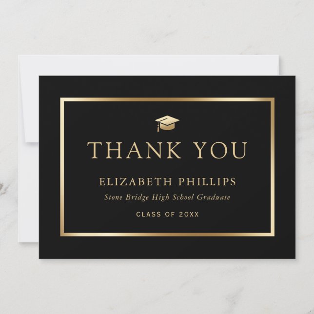 Tarjeta De Agradecimiento Elegante Graduación en Negro y Oro (Anverso)