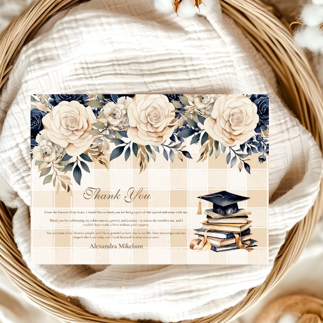 Tarjeta De Agradecimiento Elegante graduación floral azul de la Marina (Subido por el creador)