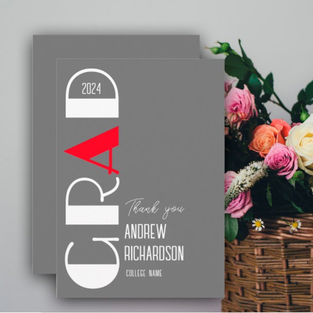 Tarjeta De Agradecimiento Elegante graduación gris Blanco y Rojo Diseño (Subido por el creador)