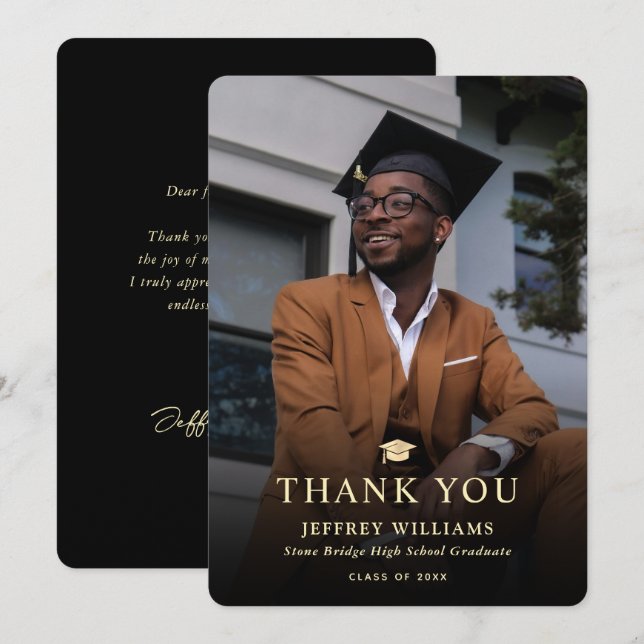 Tarjeta De Agradecimiento Elegante graduación moderna de fotografías en negr (Anverso / Reverso)