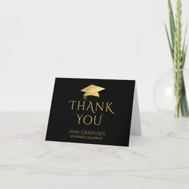 Tarjeta De Agradecimiento Elegante graduado Gracias Black Faux Gold Cap (Anverso)