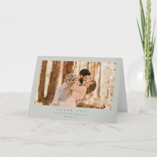 Tarjeta De Agradecimiento Elegante gris-verde Boda de foto simple minimalist (Anverso)