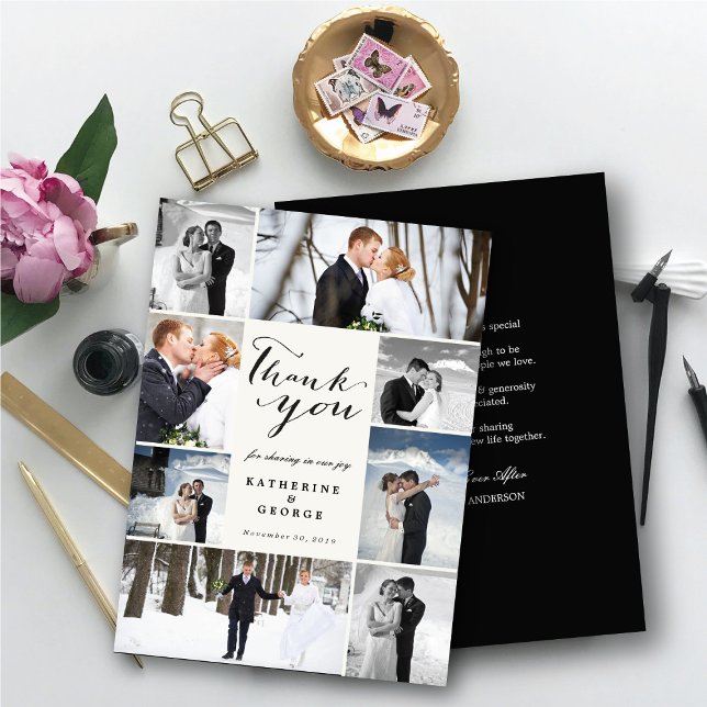 Tarjeta De Agradecimiento Elegante grupo de Bodas de 8 fotos con texto de gu (Modern Classy Script 8 Multi Photo Collage Stylish Wedding Thank You Card @ fatfatin_blue_knot)