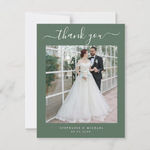 Tarjeta De Agradecimiento Elegante guión 2 Boda de fotografía Sage Green
