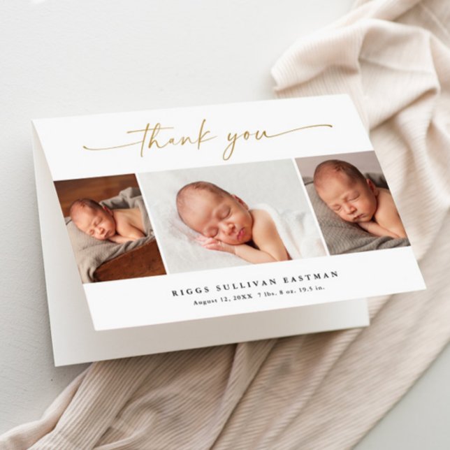 Tarjeta De Agradecimiento Elegante guión 3 Collage de fotos bebé (Elegant gold script calligraphy 3 photo collage baby thank you card.)