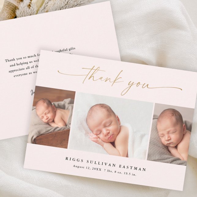 Tarjeta De Agradecimiento Elegante guión 3 Collage de fotos bebé (Elegant blush pink and gold script 3 photo birth announcement baby thank you card.)