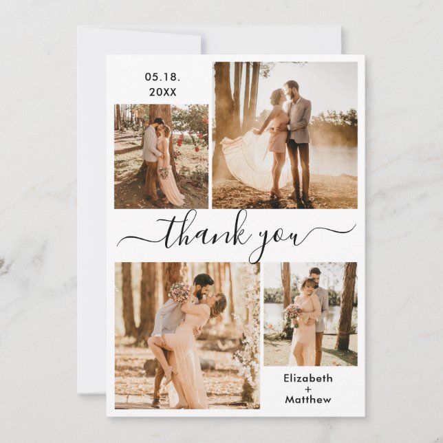 Tarjeta De Agradecimiento Elegante guión blanco negro Boda de Collage de fot (Anverso)