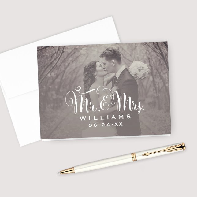 Tarjeta De Agradecimiento Elegante guión blanco Sepia Boda fotográfico Monog (Subido por el creador)