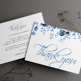 Tarjeta De Agradecimiento Elegante guión Boda de tela floral azul francés