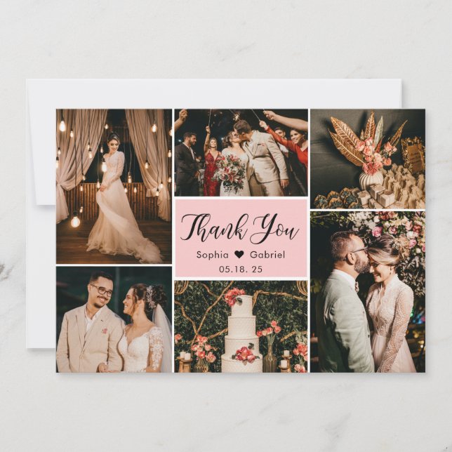 Tarjeta De Agradecimiento Elegante guión Boda rosa Collage de fotos múltiple (Anverso)