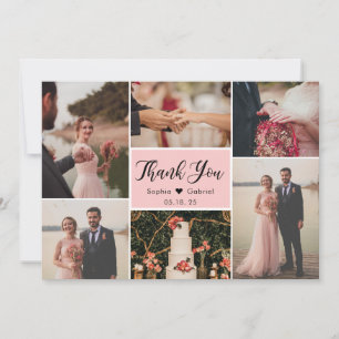 Tarjeta De Agradecimiento Elegante guión Boda rosa multiCollage de fotos T
