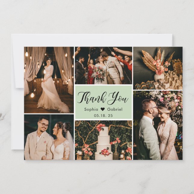Tarjeta De Agradecimiento Elegante guión Boda verde Collage de fotos múltipl (Anverso)