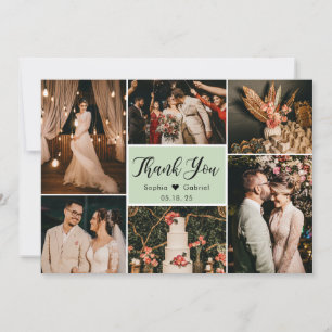 Tarjeta De Agradecimiento Elegante guión Boda verde Collage de fotos múltipl