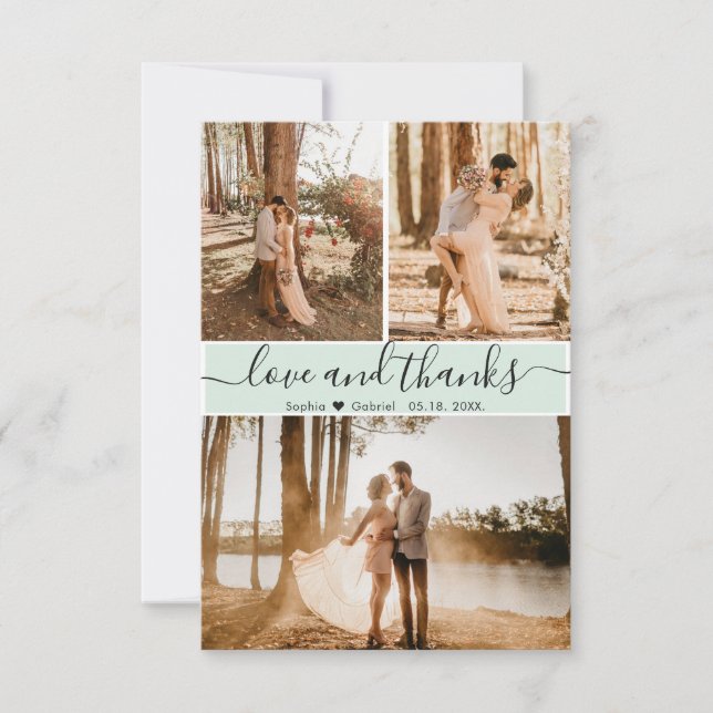 Tarjeta De Agradecimiento Elegante guión Boda verde de menta 3 Collage de fo (Anverso)