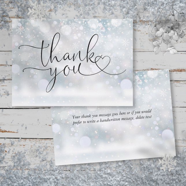 Tarjeta De Agradecimiento Elegante guión corto de invierno (Elegant Winter Snowflakes Heart Script Thank You Card)