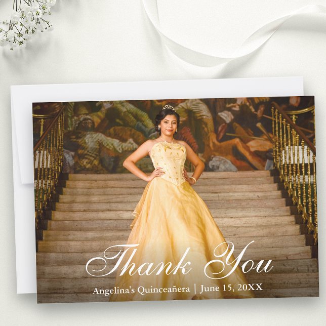 Tarjeta De Agradecimiento Elegante guión de foto de Quinceañera (Customize to add text to back of card.)