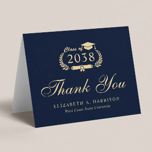 Tarjeta De Agradecimiento Elegante guión de graduación de oro azul