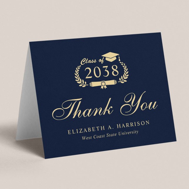 Tarjeta De Agradecimiento Elegante guión de graduación de oro azul (An elegant photo graduation thank you card to show gratitude to friends and family for their support)