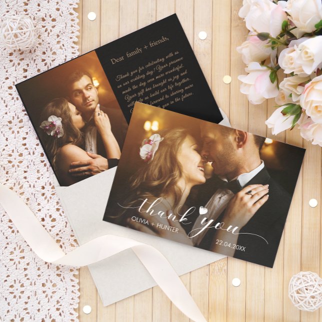 Tarjeta De Agradecimiento Elegante guión de Moda Boda de oro 2 Foto (Elegant Chic Script Gold Wedding 2 Photo Thank You Card)