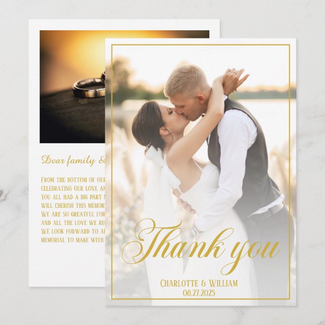Tarjeta De Agradecimiento Elegante guión de oro de fotos de boda (Anverso / Reverso)
