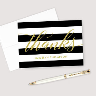 Tarjeta De Agradecimiento Elegante guión de oro rayas negras y blancas