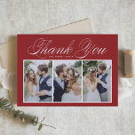 Tarjeta De Agradecimiento Elegante guión de tres Collages de fotos Boda rojo<br><div class="desc">Envía gracias a la familia y amigos por ser parte de tu evento con este collage de fotos de personalizable gracias tarjeta plana. Presenta un guión elegante y una tipografía simple. Personalizado añadiendo tus propios detalles y presentando tus fotos favoritas de bodas. Esta tarjeta de agradecimiento para fotos también será...</div>
