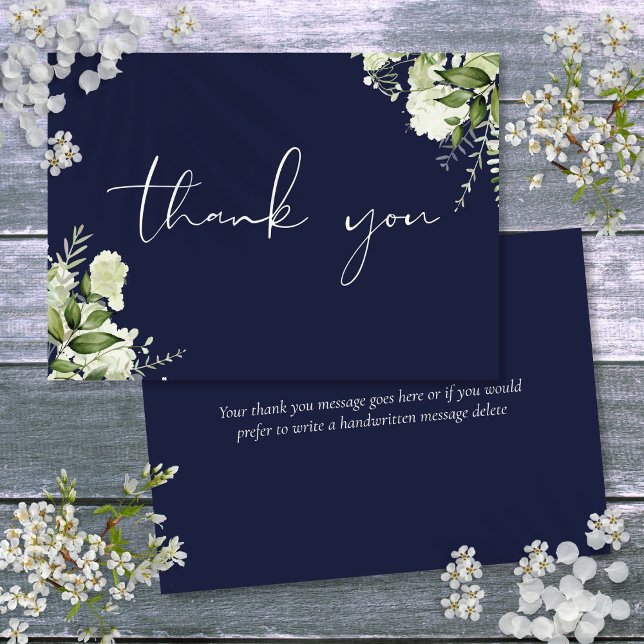 Tarjeta De Agradecimiento Elegante guión de vegetación azul de la marina per (Personalized Navy Blue Greenery Elegant Script Thank You Card)