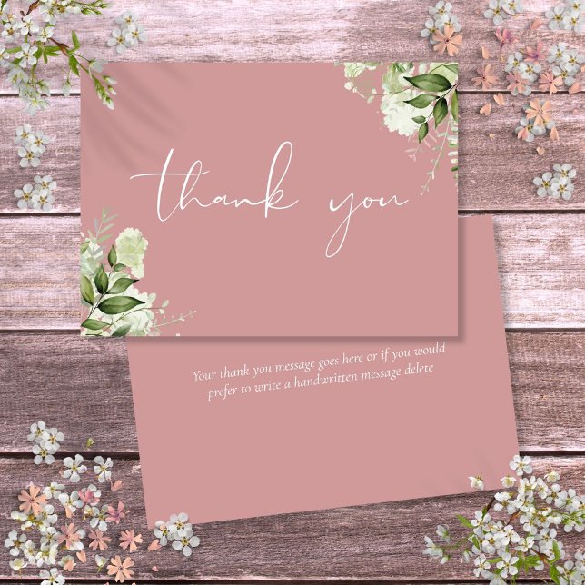 Tarjeta De Agradecimiento Elegante guión de vegetación botánica Rosa (Dusty Rose Botanical Greenery Elegant Script Thank You Card)