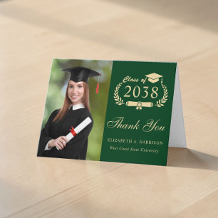 Tarjeta De Agradecimiento Elegante guion dorado foto graduación verde