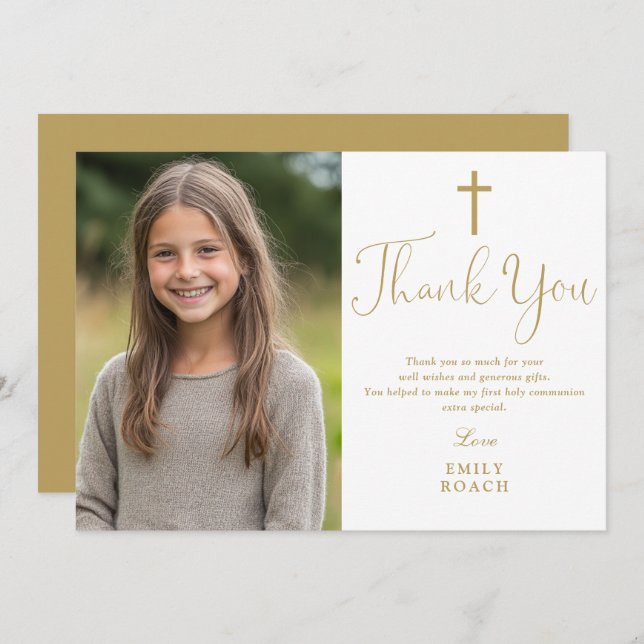 Tarjeta De Agradecimiento Elegante guión dorado foto primera comunión sagrad (Anverso / Reverso)